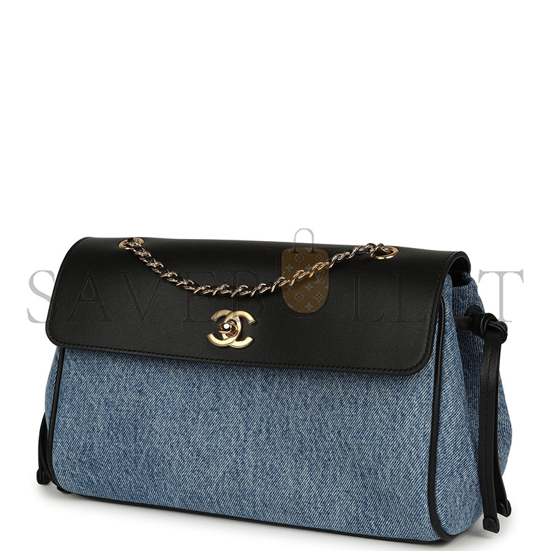 Ch**el MASTER URBAN ESSENTIAL FLAP BAG BLUE De*1m BLACK CALFSKIN GOLD HARDWARE (29*16*9.5cm)
